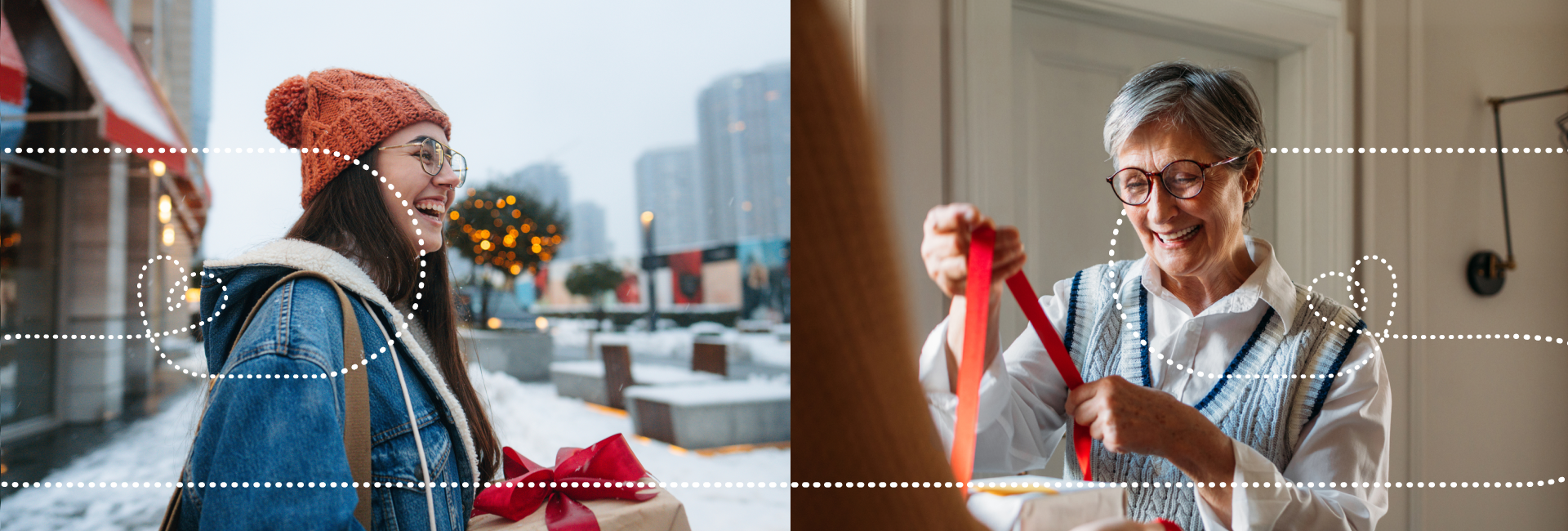 person smiling outside on left-hand image, person smiling while looking at ribbon on right-hand image