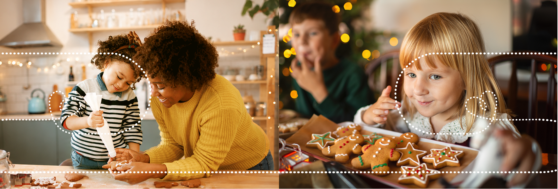 mom holding cookie while child is adding frosting to it on on left-hand image, child eating cookie on right-hand image