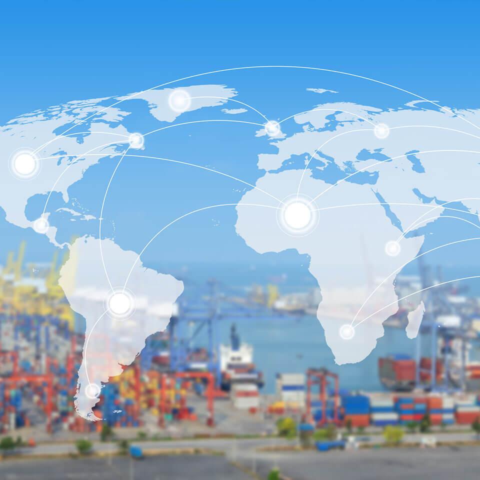 world map overlapping shipping yard