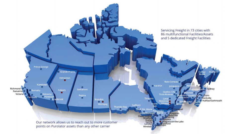 Canadian map of Purolator’s national LTL freight network.